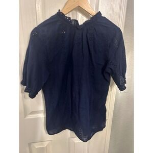 Luna Rae Navy Blue Eyelet Cotton Ruffle Neck Puff Sleeve Blouse Size L